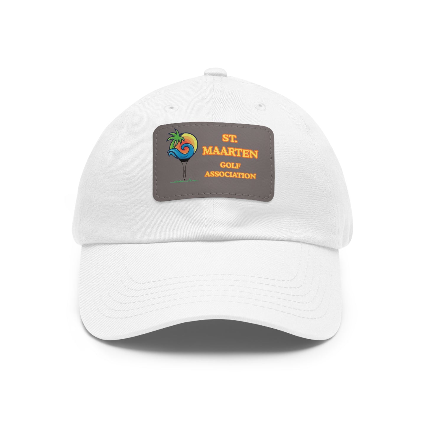 White cap with a patch for St. Maarten Golf Association on a white background