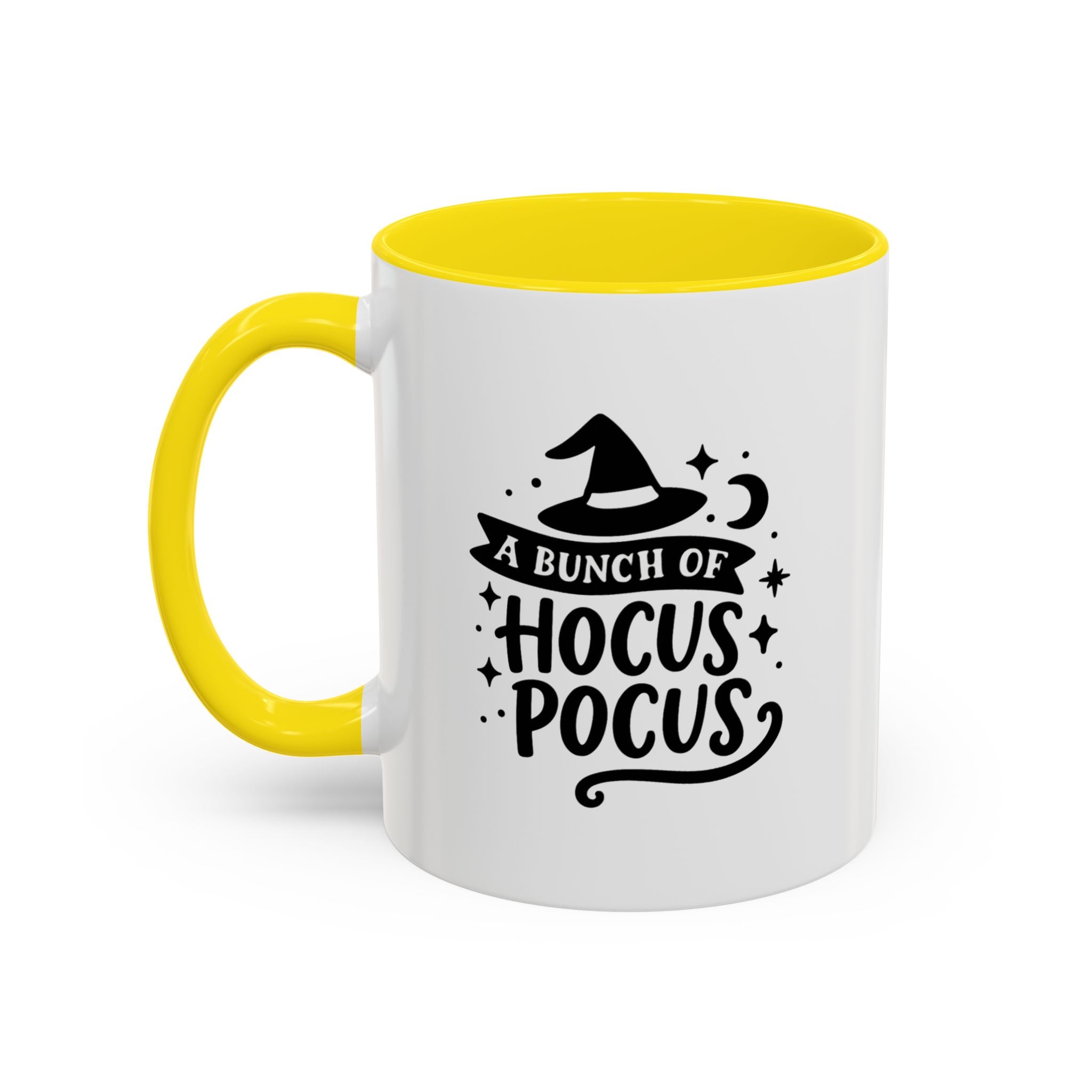 White two-tone coffee mug with a yellow handle and interior and a black 'A Bunch of Hocus Pocus' witch-hat design, on a white background