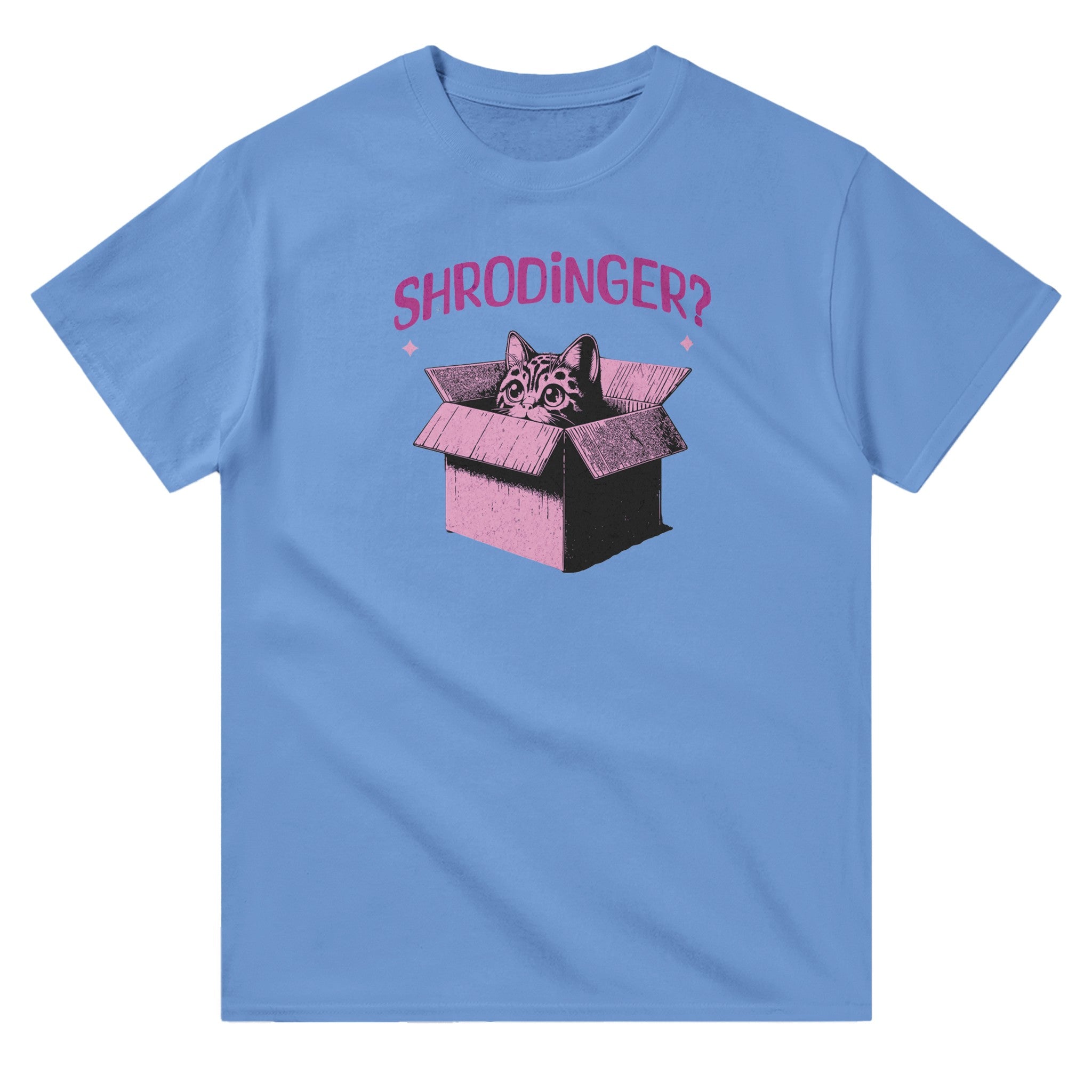 Blue unisex crewneck T-shirt with pink graphic of a cat in a box and text “Schrödinger?” – funny science and cat lover shirt.