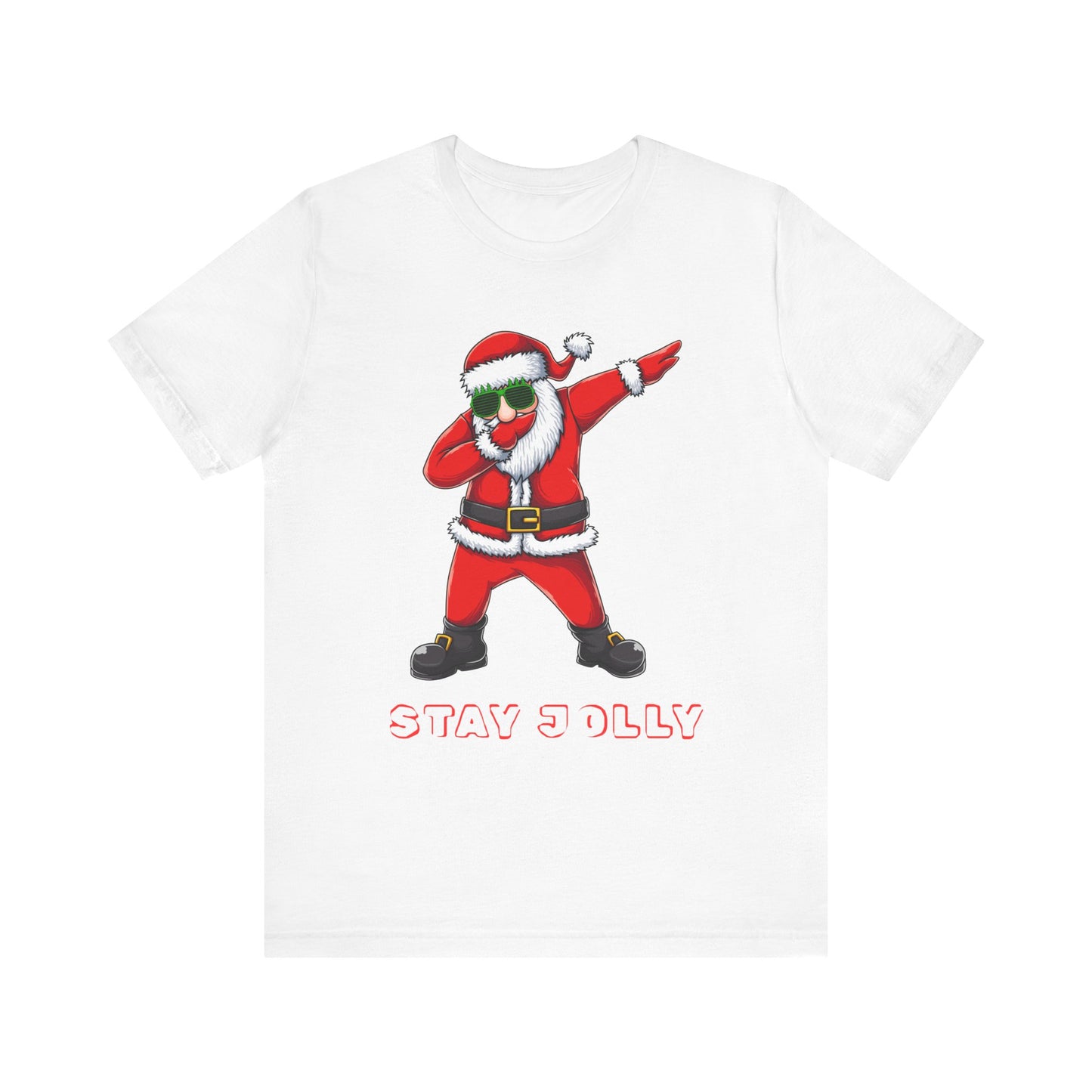 White t-shirt with a graphic of a dabbing Santa Claus and 'Stay Jolly' text on a white background