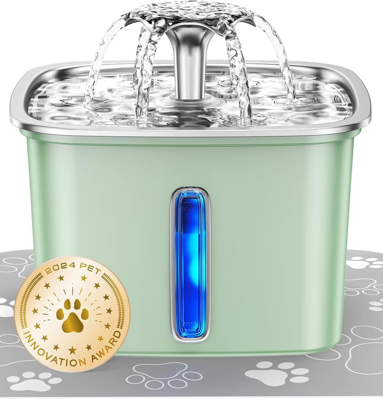 Green pet water fountain with a 2024 Pet Innovation Award badge on a white background
