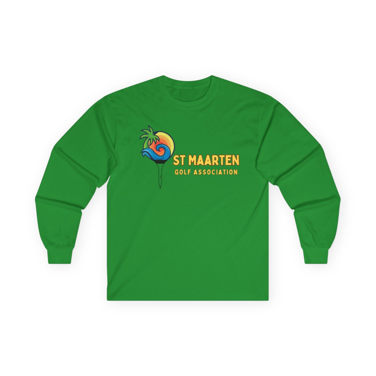 Green long-sleeve shirt with St Maarten Golf Association logo on a white background