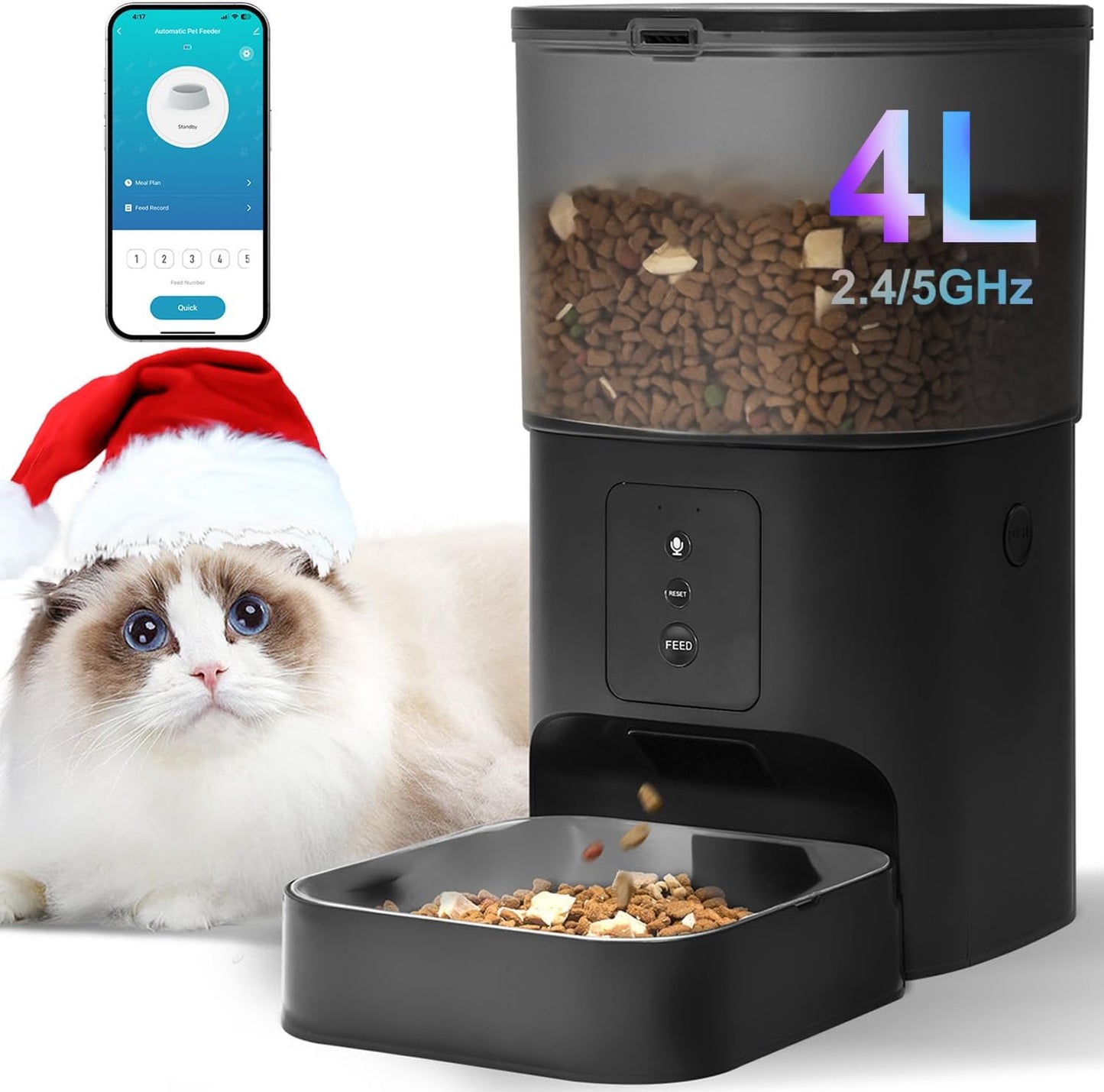 Black pet feeder with a smartphone app icon, a cat wearing a Santa hat, and food being dispensed.