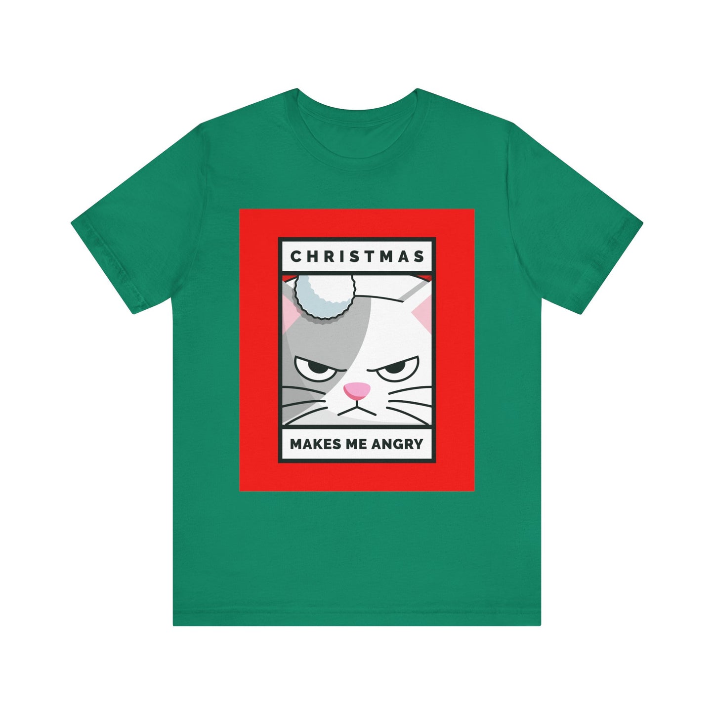 Green t-shirt with a graphic of a cat and text on a white background