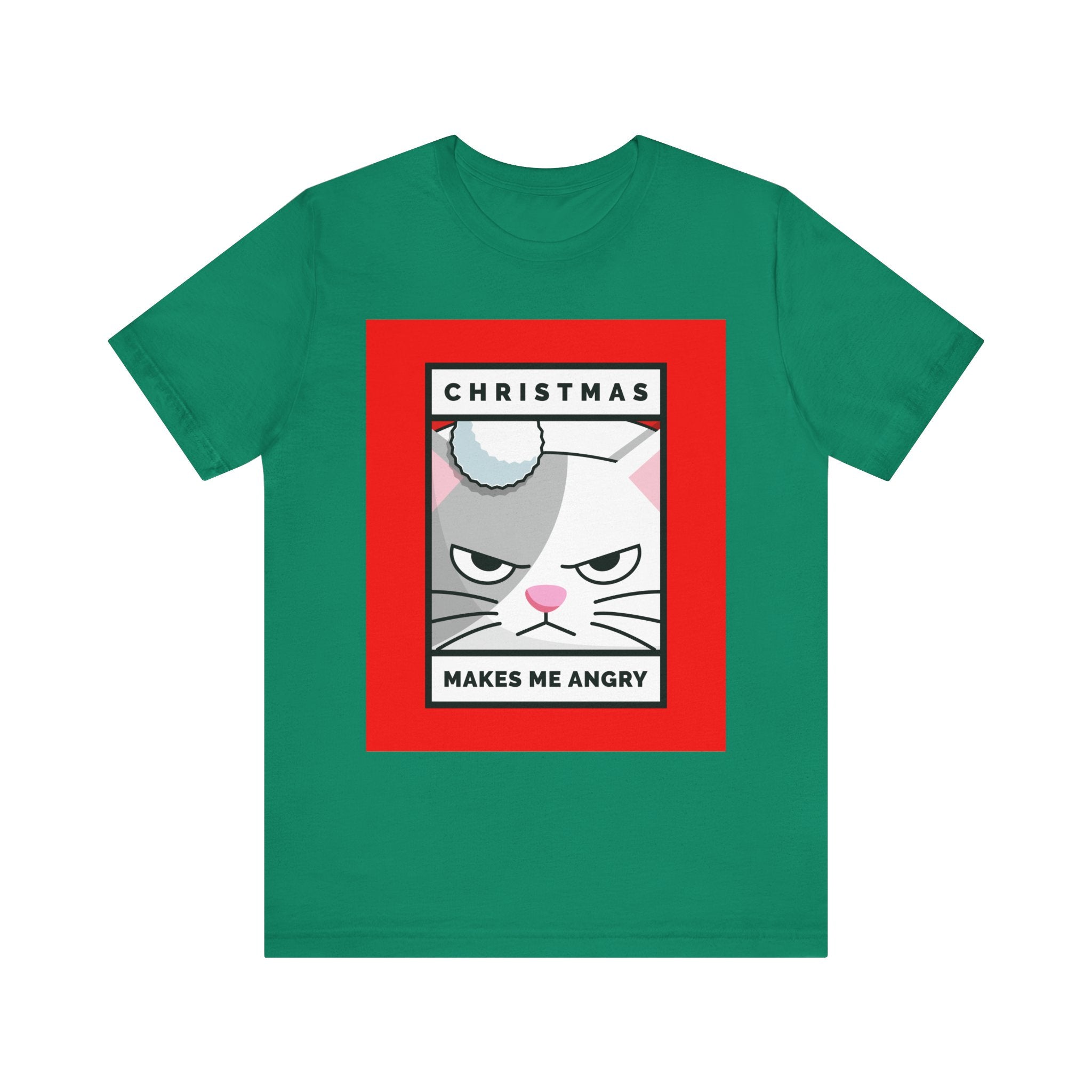 Green t-shirt with a graphic of a cat and text on a white background