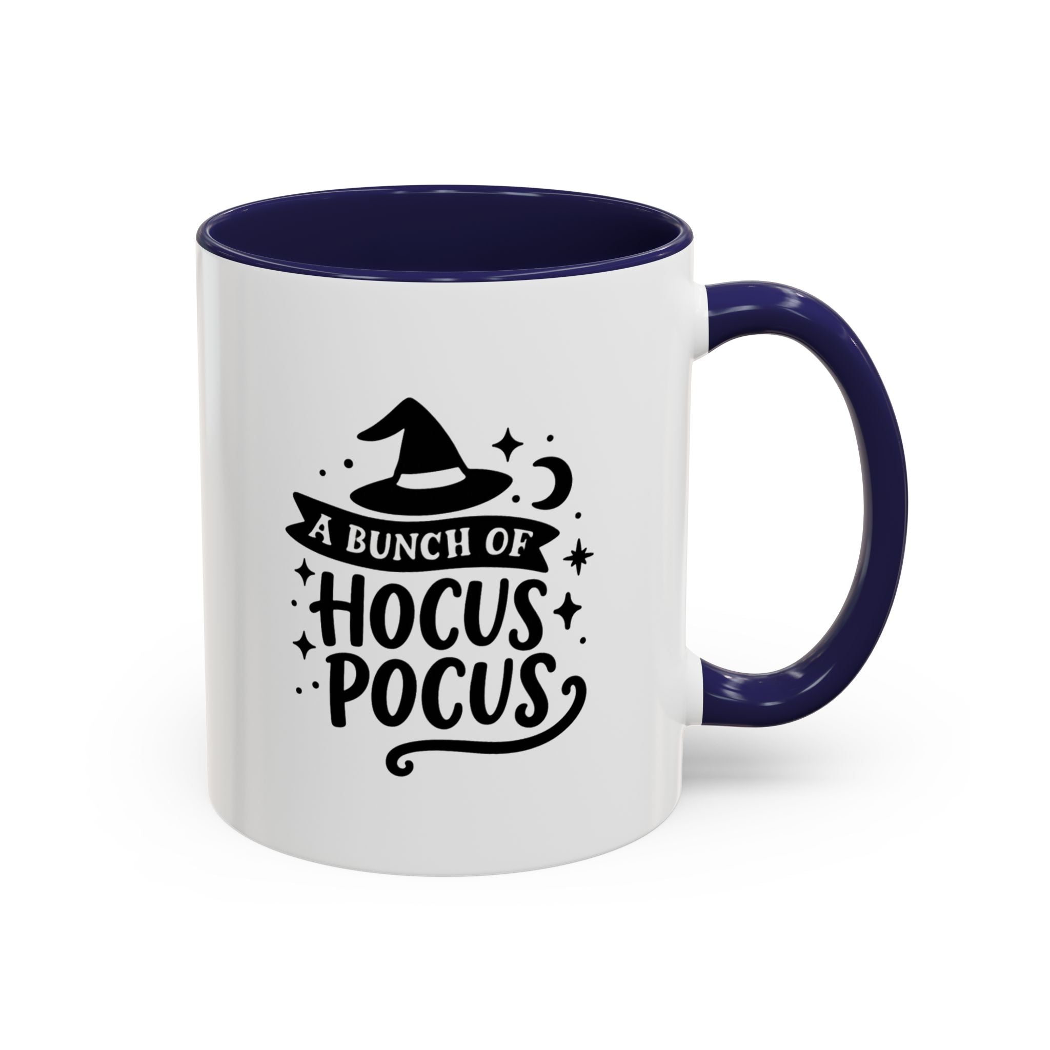 White two-tone coffee mug with a navy handle and interior and a black 'A Bunch of Hocus Pocus' witch-hat design, on a white background