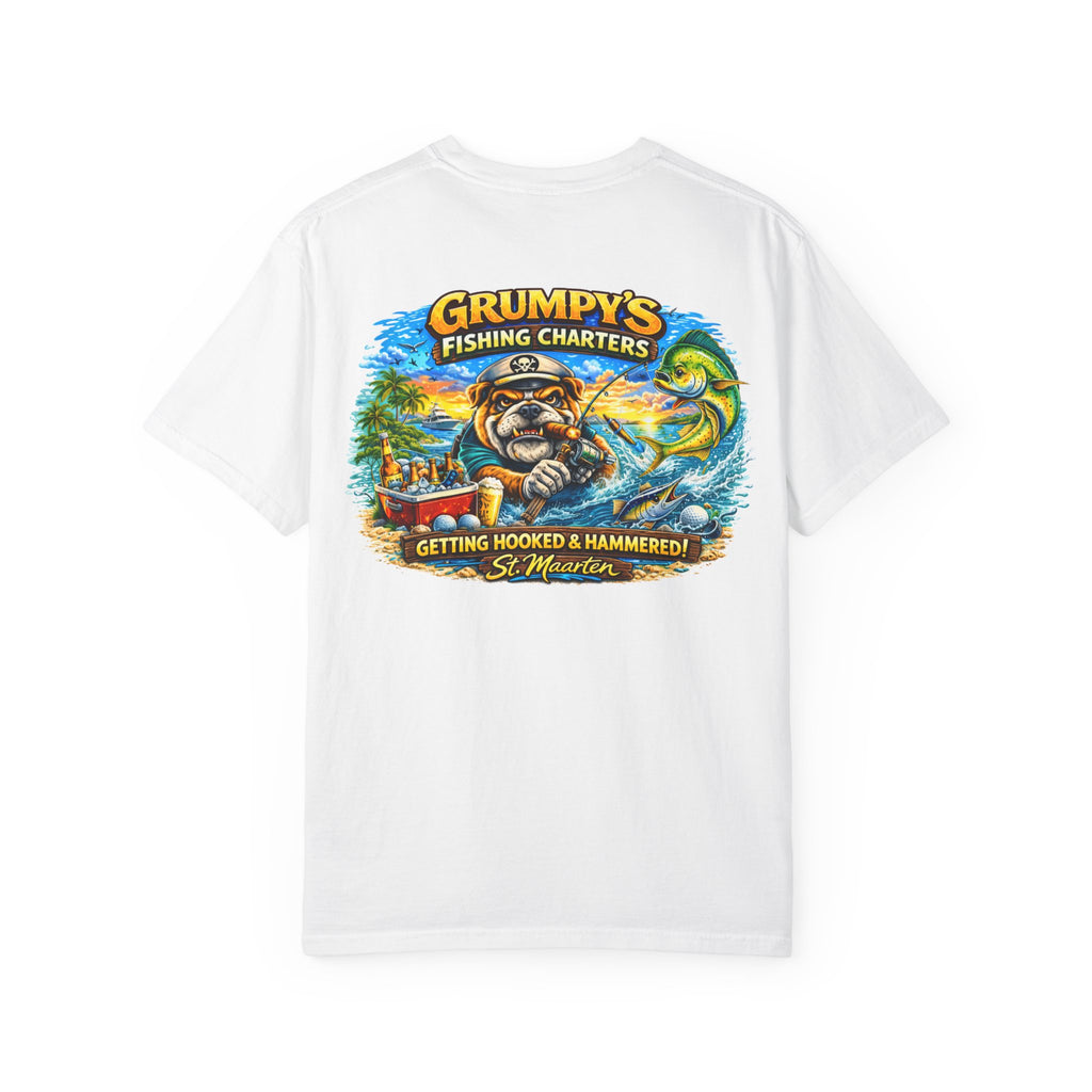 Black Grumpy's Fishing Charters Tee – "Hooked & Hammered", t-shirt product image 1, size S.