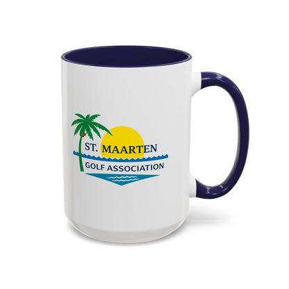 White mug with blue interior and handle featuring St. Maarten Golf Association logo on a white background