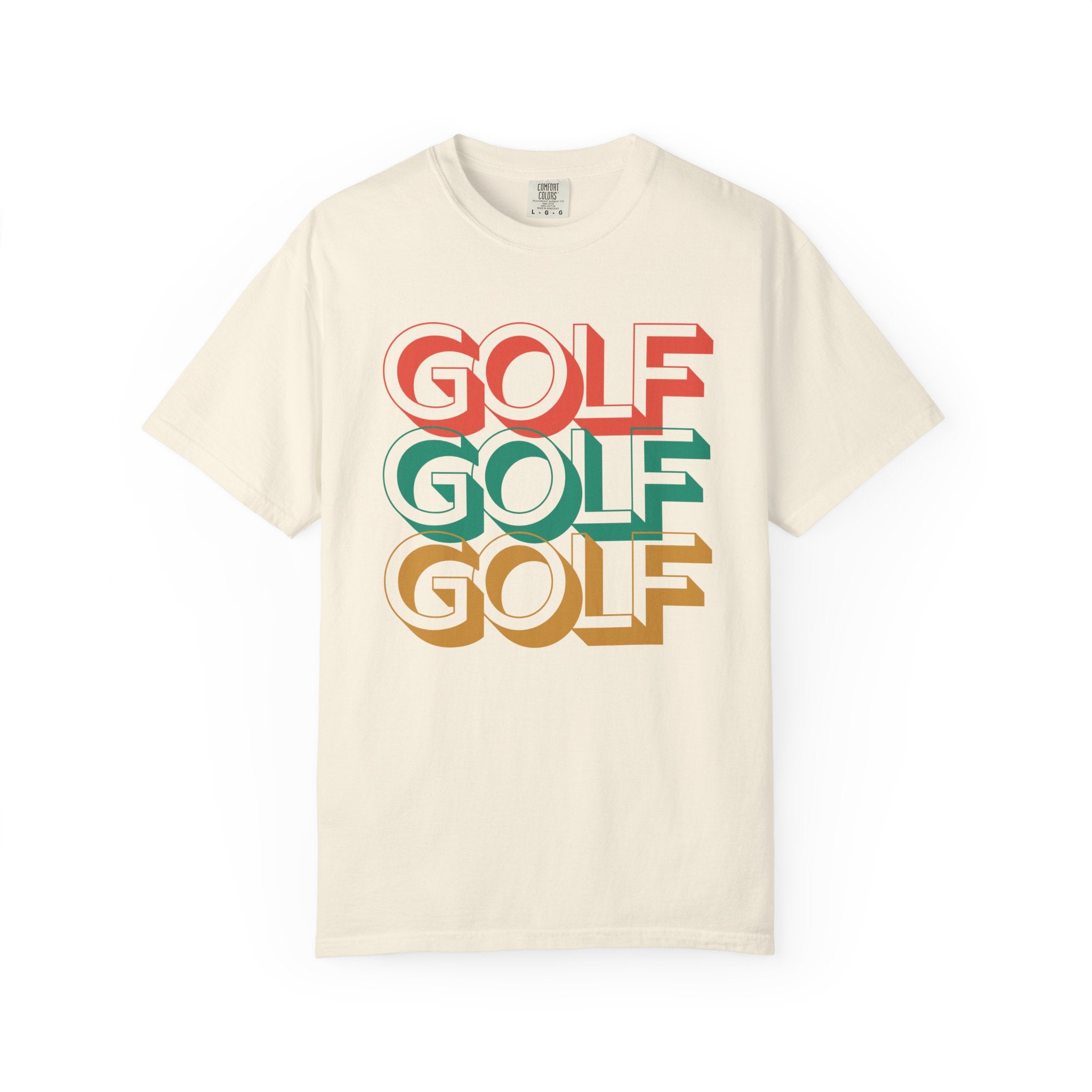 Beige t-shirt with 'GOLF GOLF GOLF' text in red, green, and brown on a white background