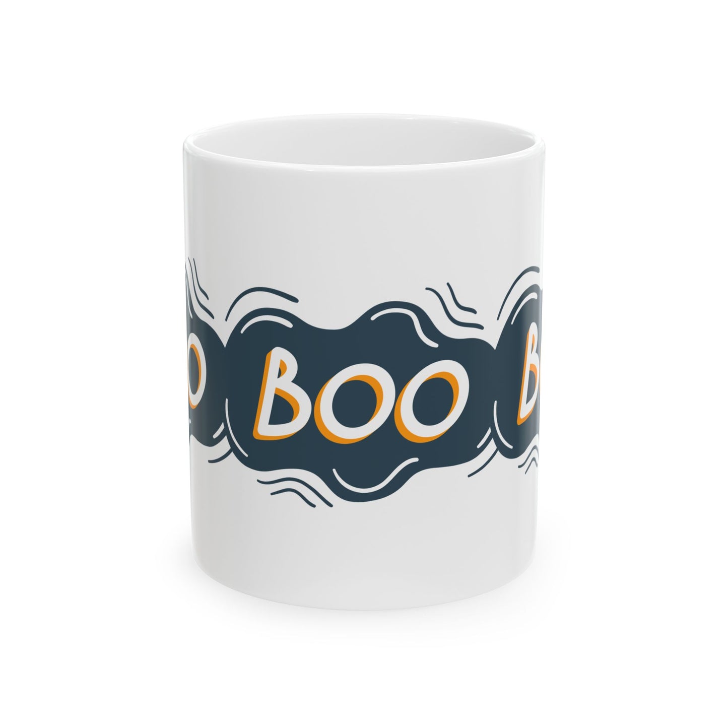 White mug with 'BOO' text on a white background