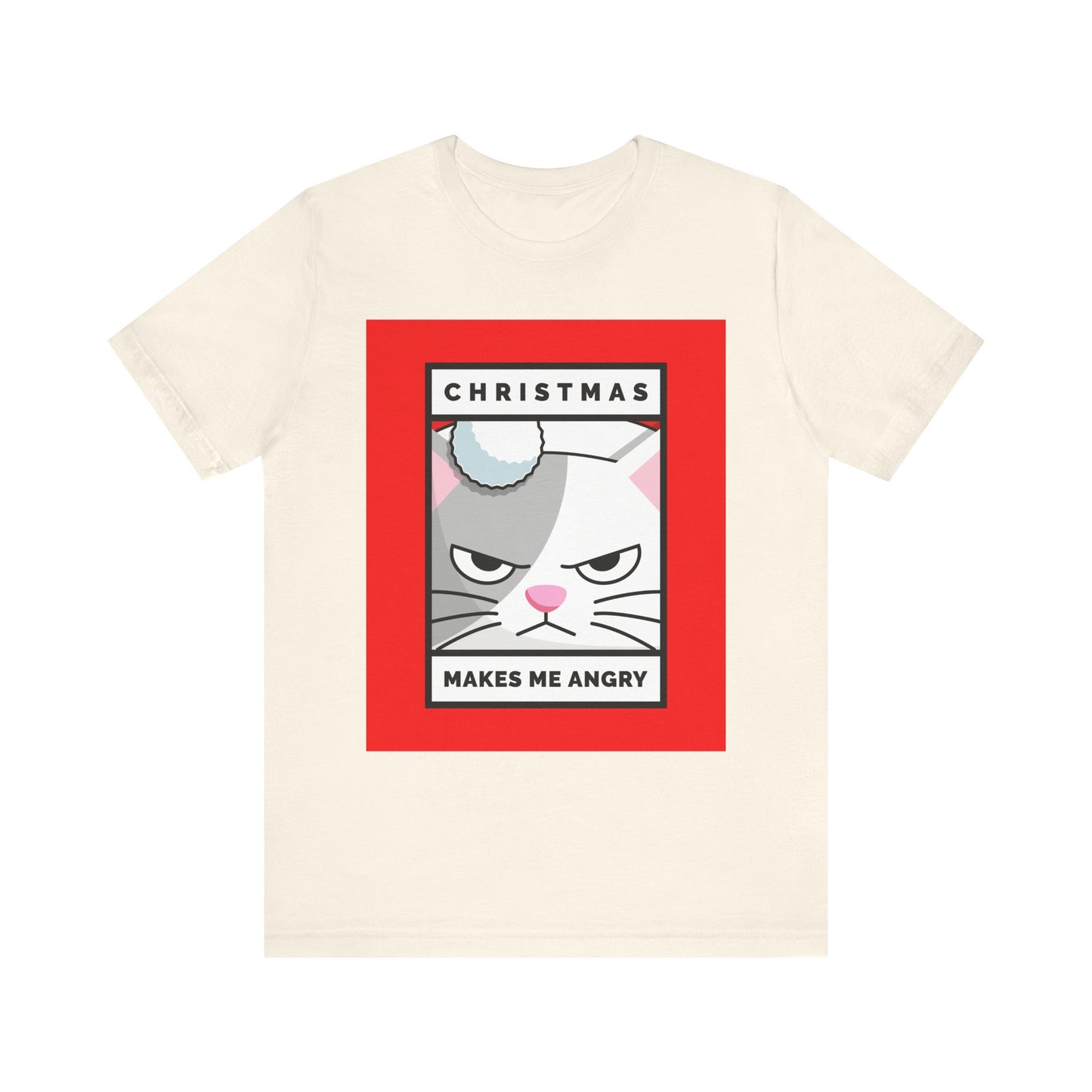 Beige t-shirt with a graphic of an angry cat and text on a white background