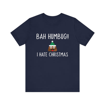 Navy blue t-shirt with 'Bah Humbug! I Hate Christmas' text and emoji on a white background
