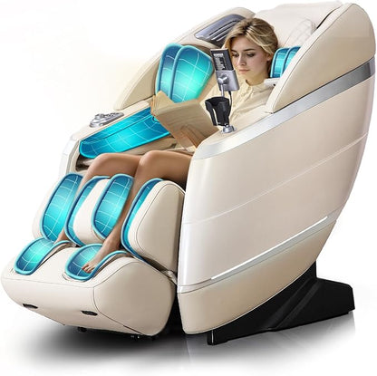 Woman using a massage chair with blue lighting on a white background