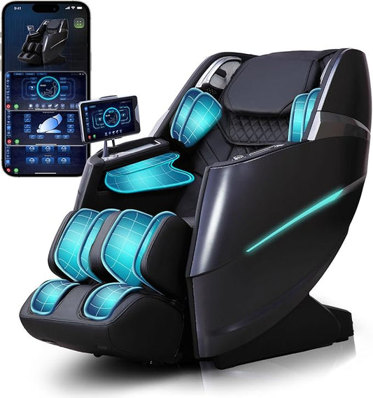 Massage chair with blue LED lights and smartphone displaying massage app on a white background
