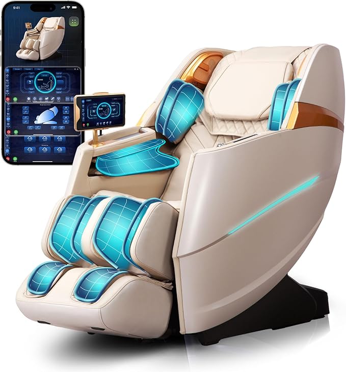 Beige massage chair with blue massaging elements and smartphone displaying massage app on a white background