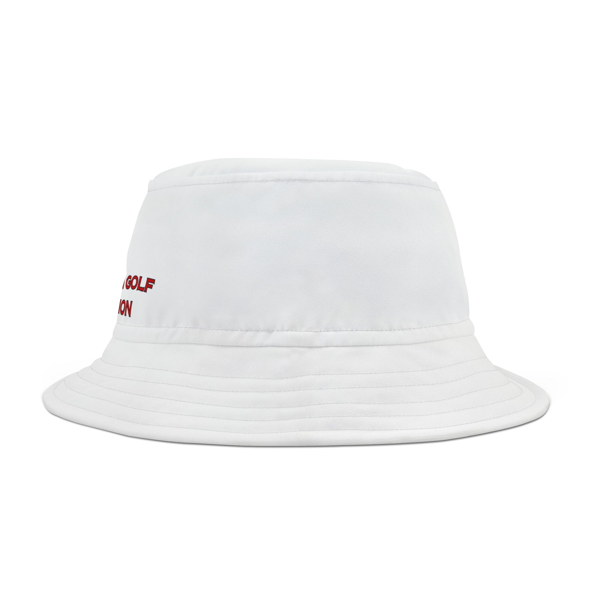 White bucket hat with red text on a white background