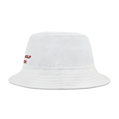 White bucket hat with red text on a white background