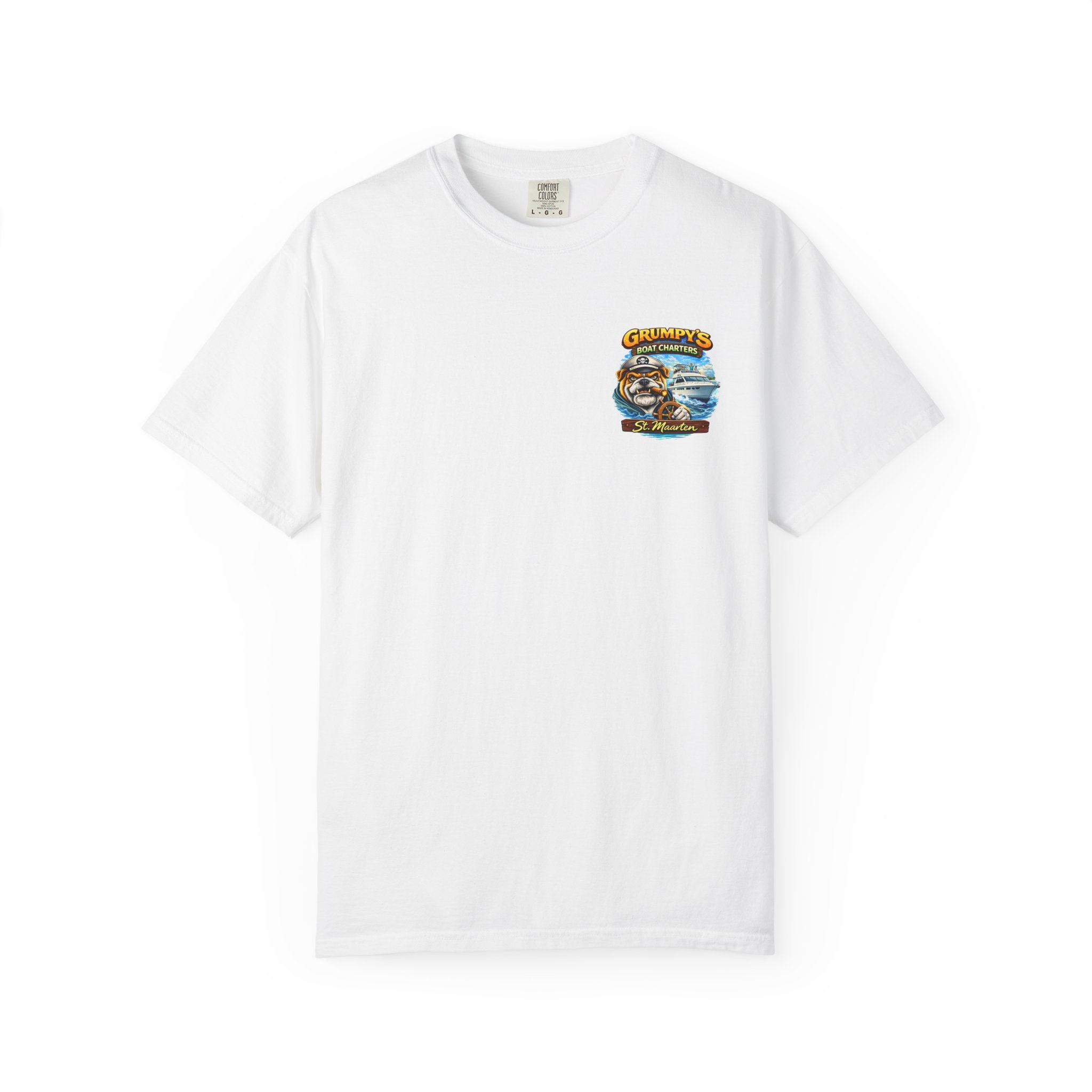 White t-shirt with a black mustache graphic on a white background