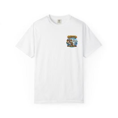 White t-shirt with a black mustache graphic on a white background
