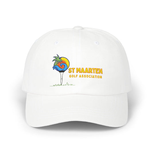 White cap with St Maarten Golf Association logo on a white background