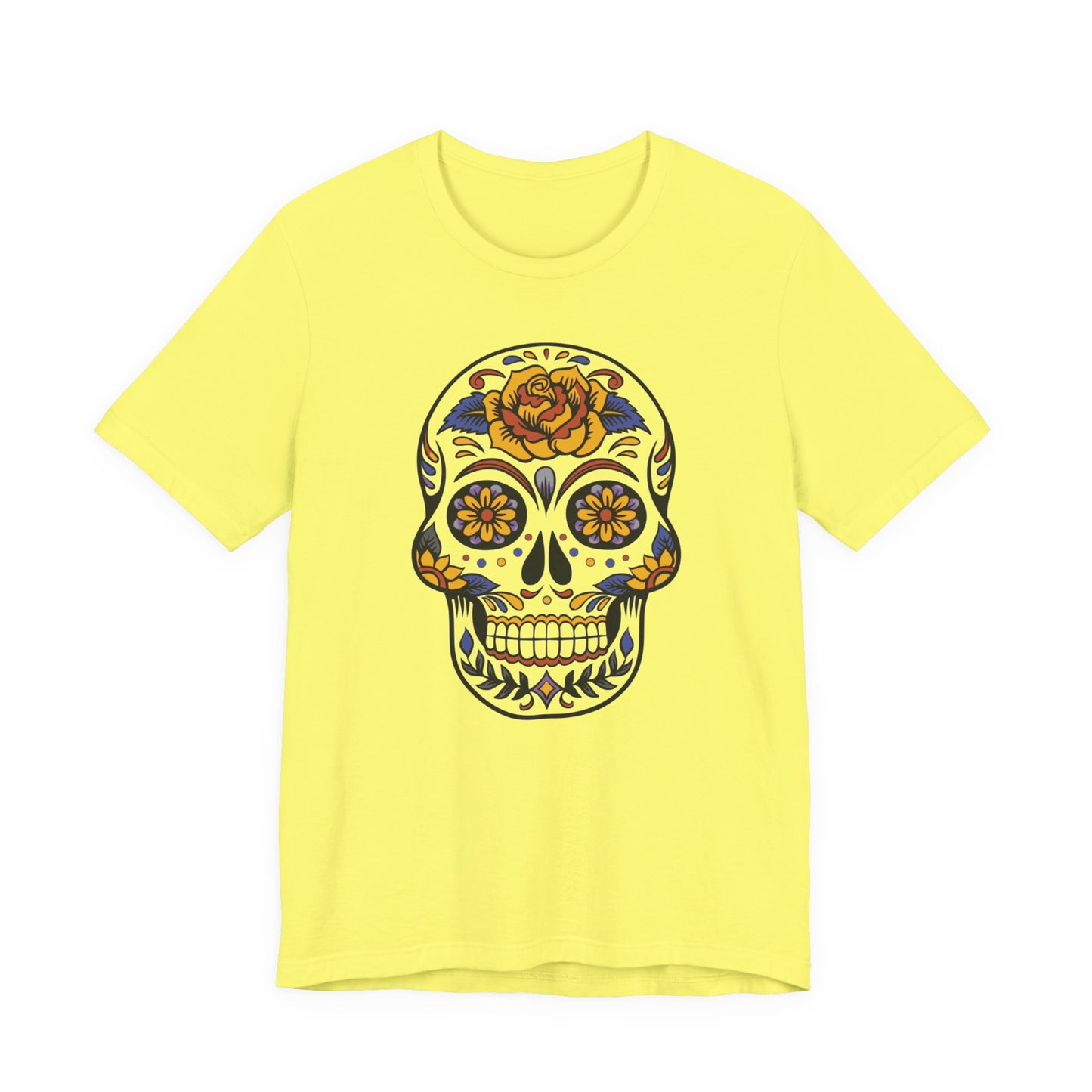 Yellow t-shirt with a colorful skull design on a white background