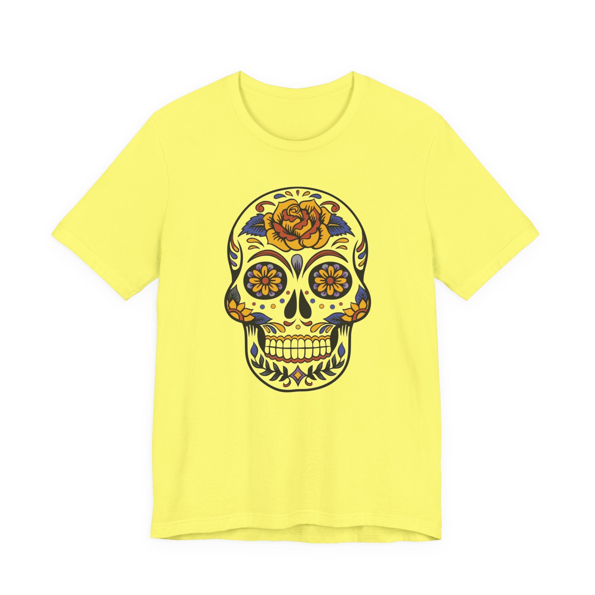Yellow t-shirt with a colorful skull design on a white background