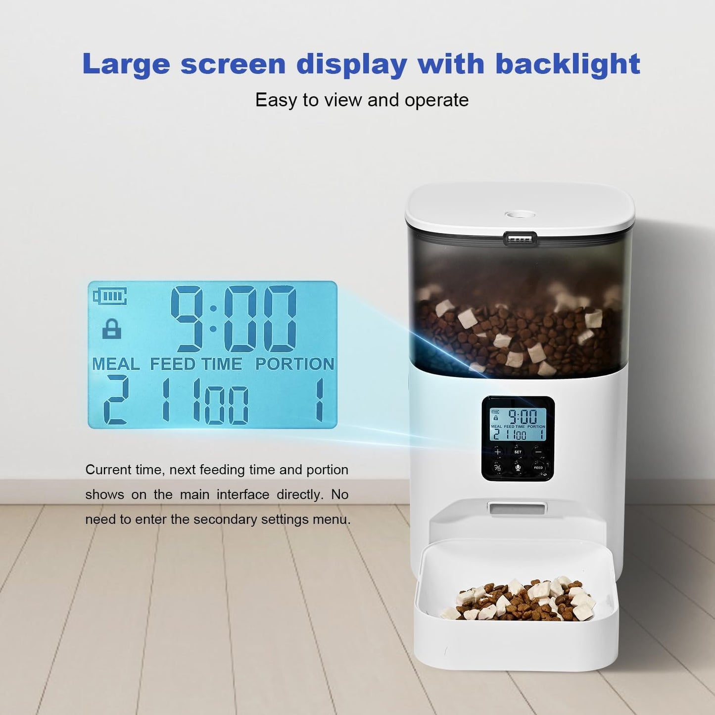 Digital pet feeder with large screen display on a light wooden floor.