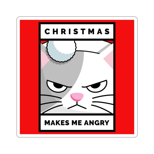 Cartoon cat with an angry expression on a red background with text 'Christmas Makes Me Angry'.