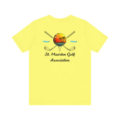 Tee Golff Trofannol Cymdeithas Golff Sint Maarten - Dyluniad Golff Retro Machlud Ynys