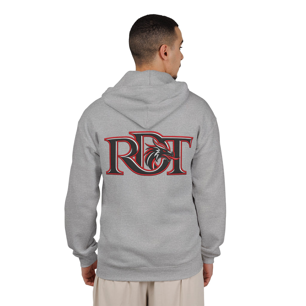 Riot Dragon Zip Hoodie — Red Logo Full‑Zip Hooded Sweatshirt