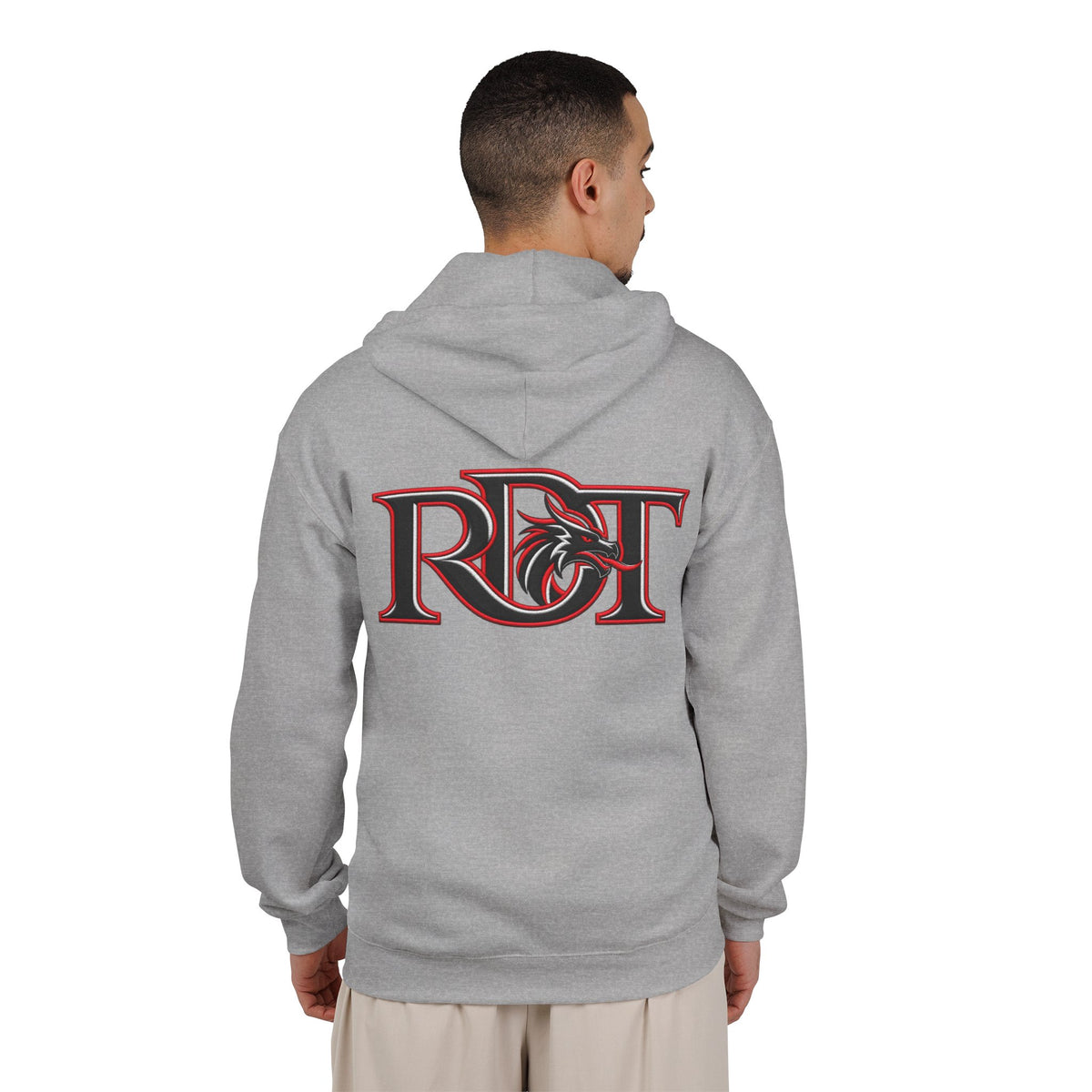 Riot Dragon Zip Hoodie — Red Logo Full‑Zip Hooded Sweatshirt