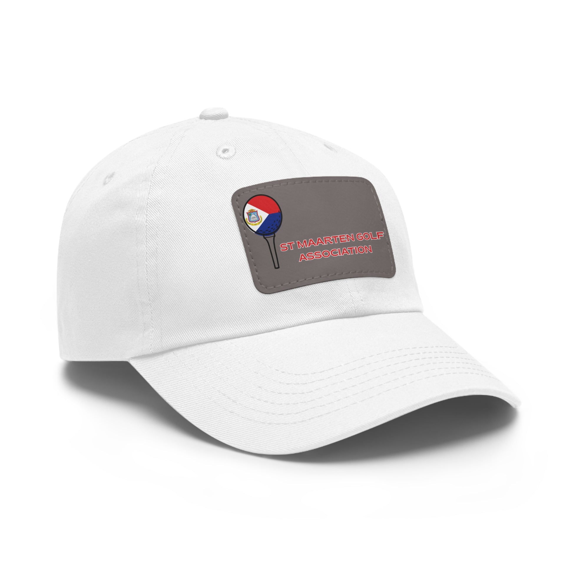 White cap with a logo and text on a white background