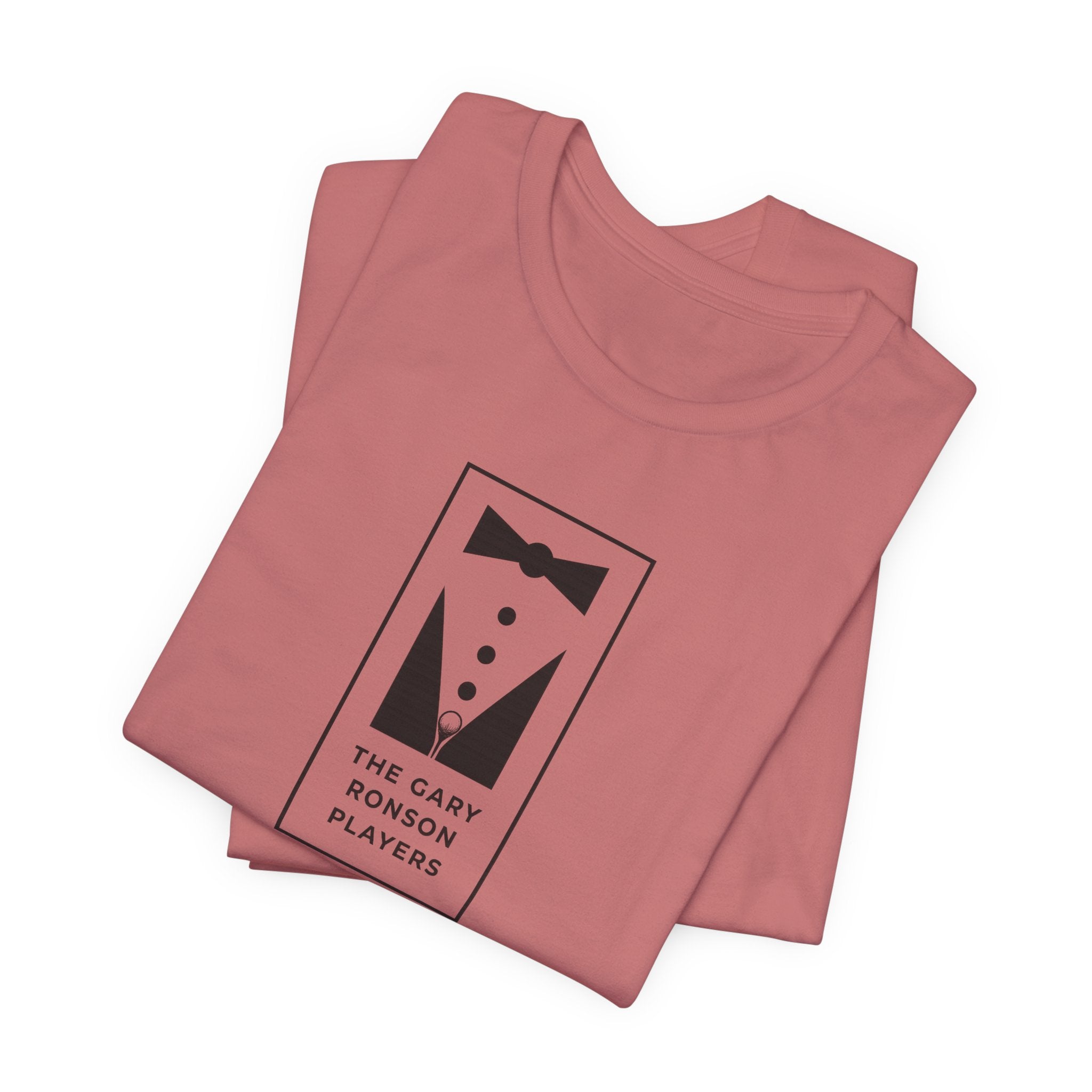Folded mauve t-shirt showing the tuxedo 'The Gary Ronson Players' graphic, on a white background