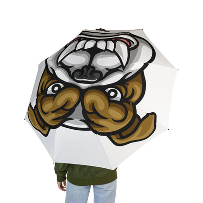 Umbrella with a cartoon bull dog design on a white background