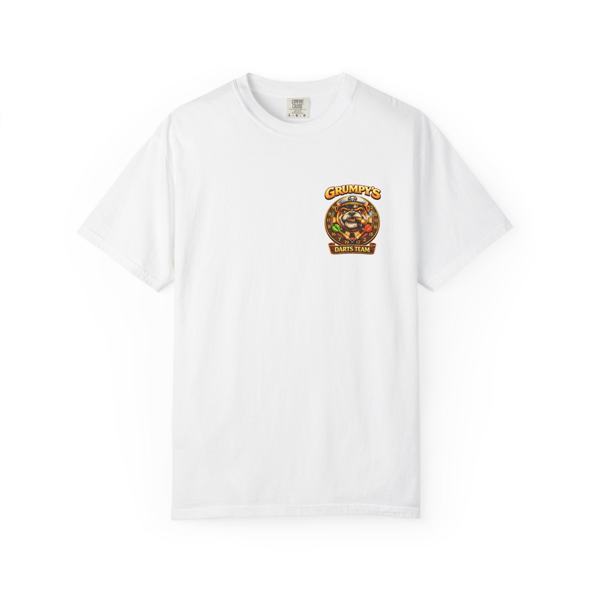 White t-shirt with a logo on a white background