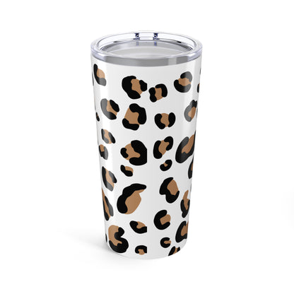 Tumbler with leopard print pattern on a white background
