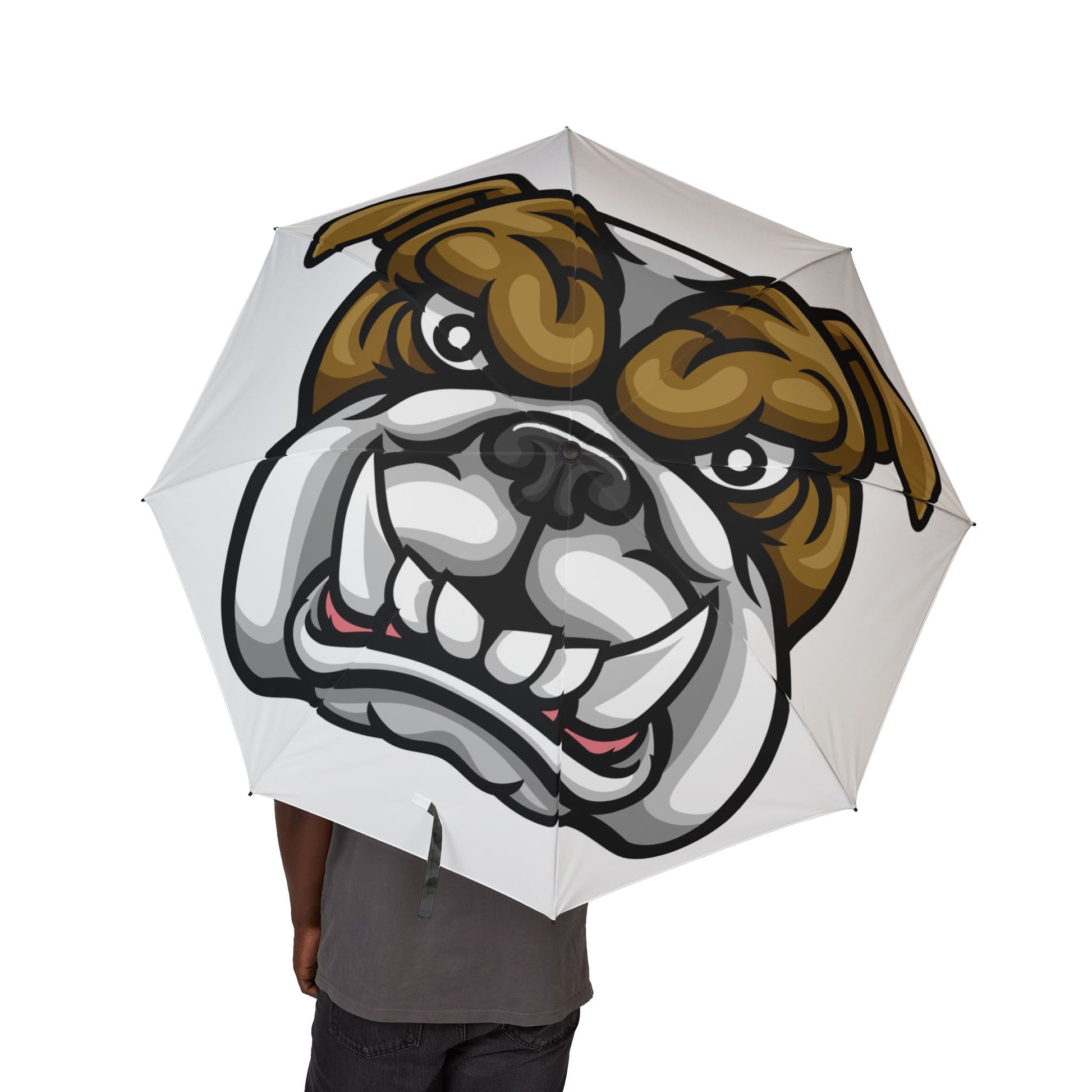 Umbrella with a bulldog design on a white background