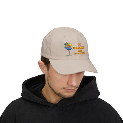 Man wearing a beige cap with a colorful logo and text on a white background