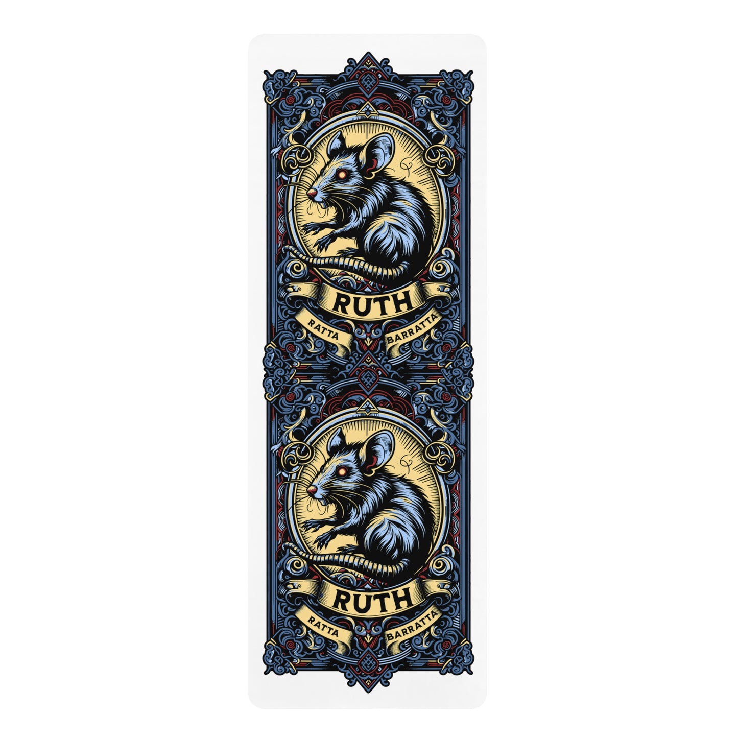 Decorative yoga mat with rat illustrations and 'Ruth' text on a white background