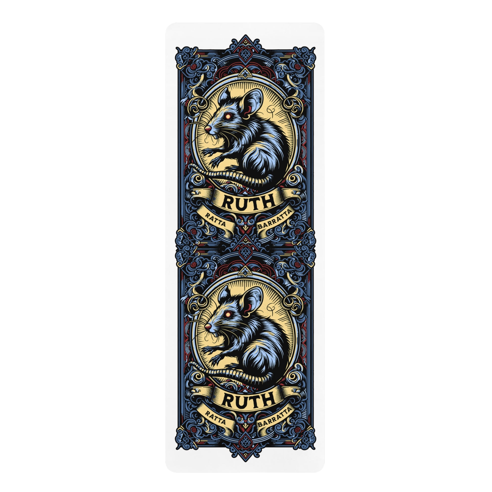 Decorative yoga mat with rat illustrations and 'Ruth' text on a white background
