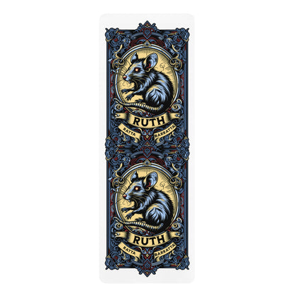 Decorative yoga mat with rat illustrations and 'Ruth' text on a white background