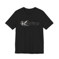 Black tee with an engraved grey dragon and serif Red Dragon Traders logo.
