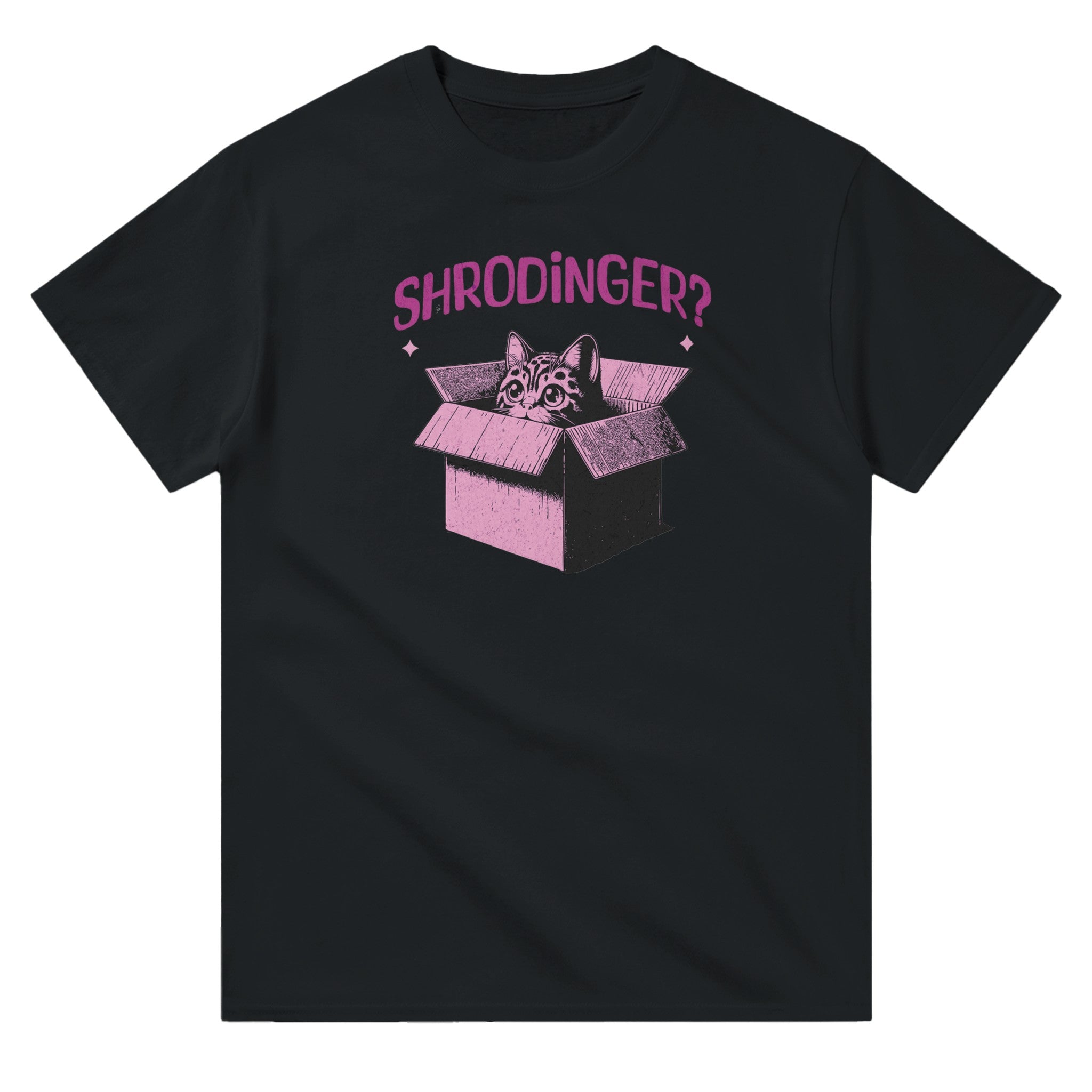 Black unisex crewneck T-shirt with pink graphic of a cat in a box and text “Schrödinger?” – funny science and cat lover shirt.