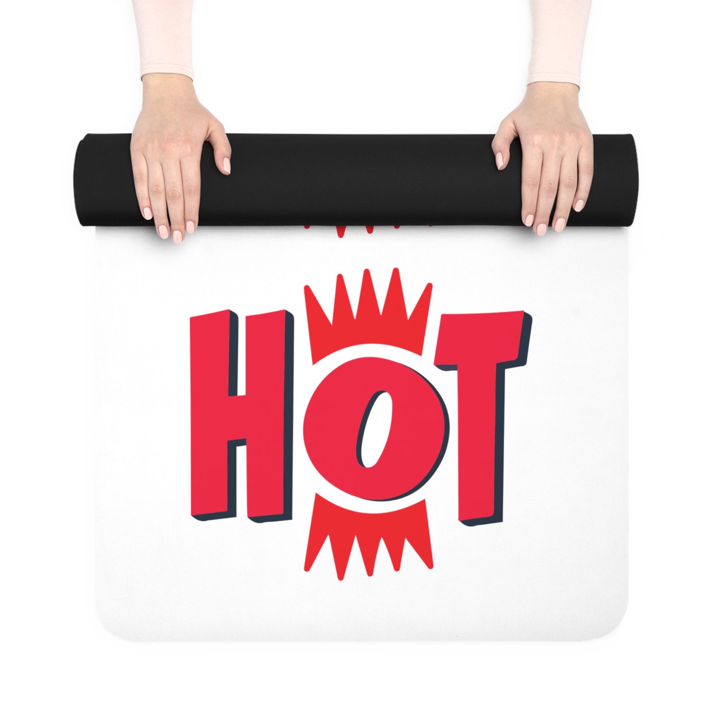 Black yoga mat with 'HOT' text in red and white on a white background