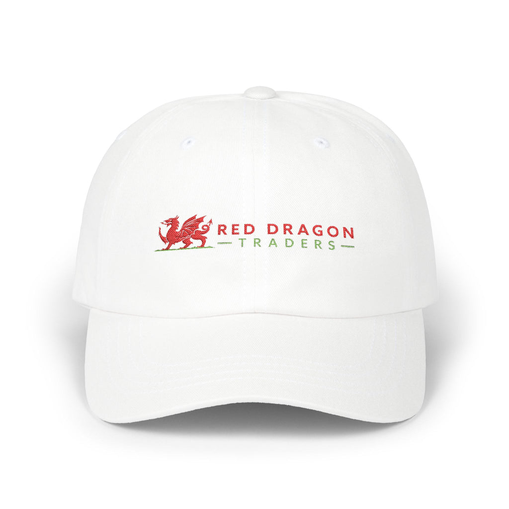 White cap with Red Dragon Traders logo on a white background