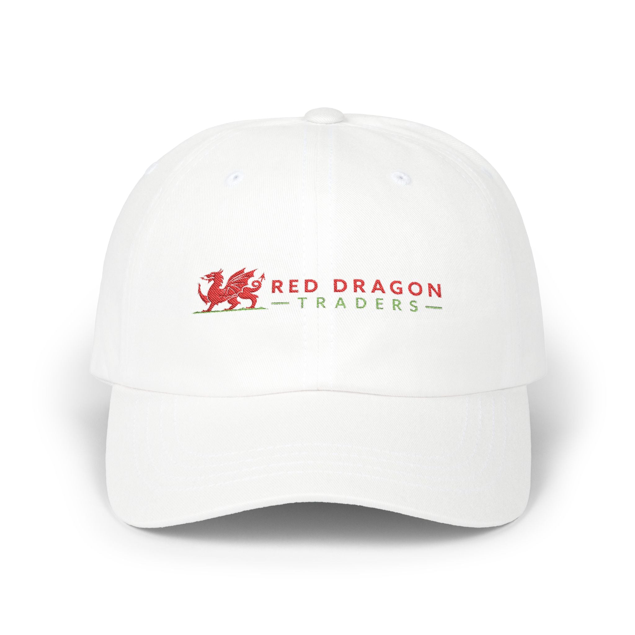 White cap with Red Dragon Traders logo on a white background