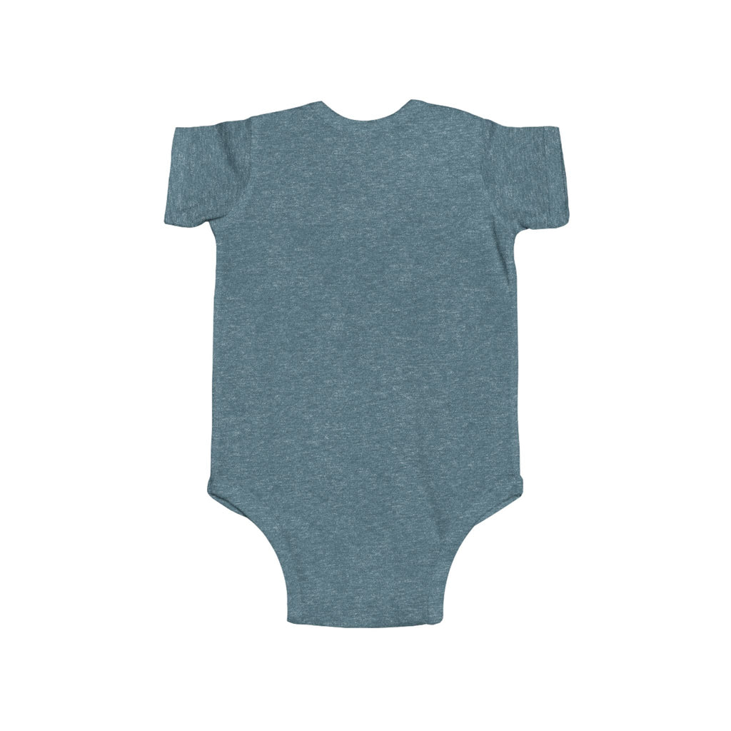 Back view of a plain heather teal baby onesie on a white background