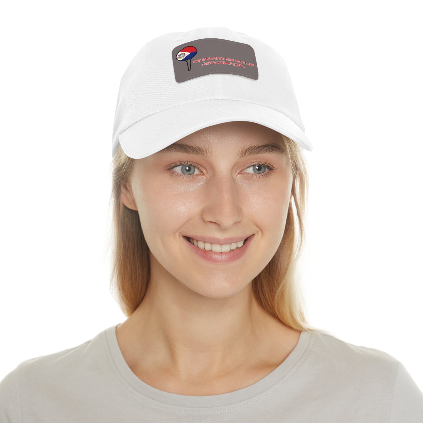 Woman wearing a white cap with a logo on a white background