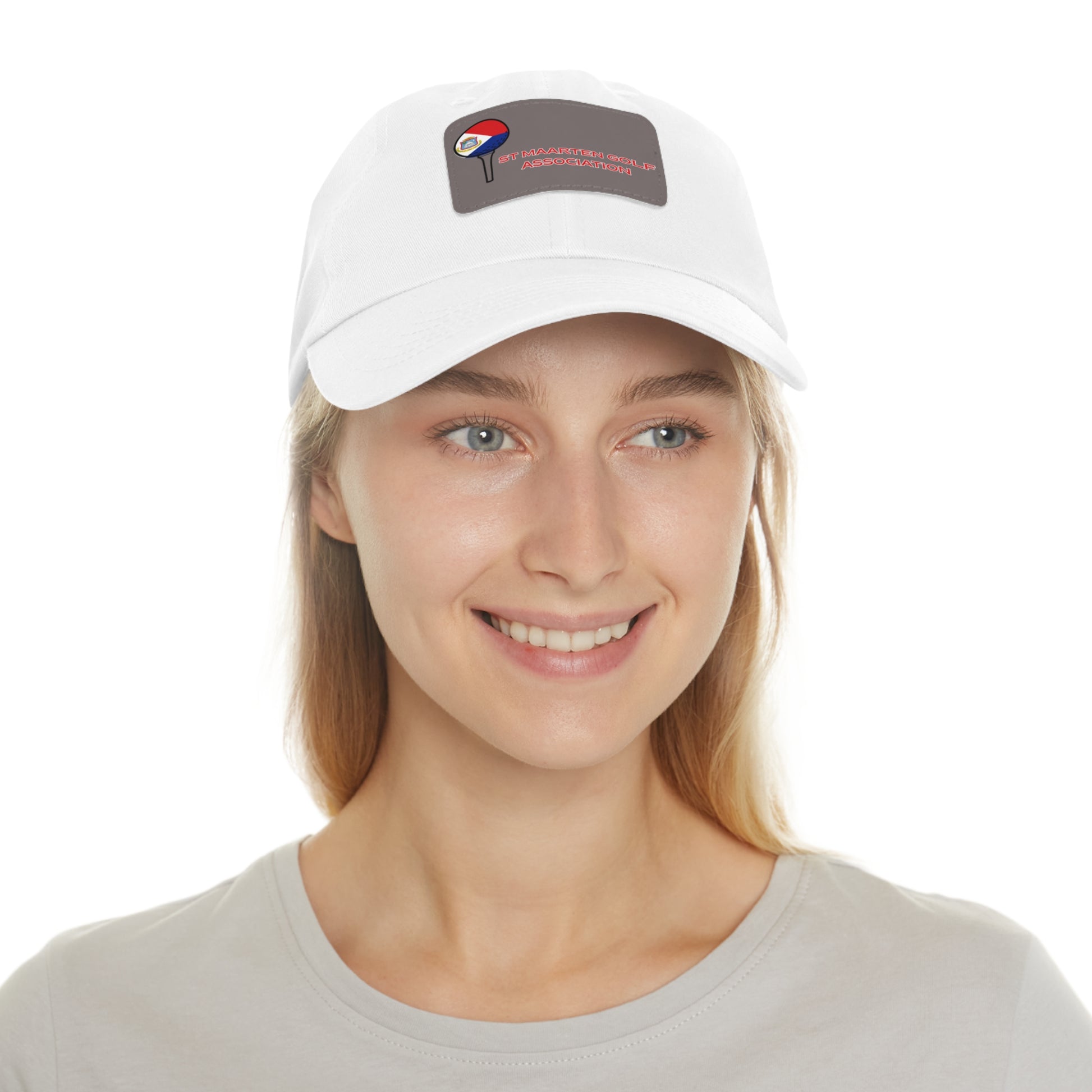 Woman wearing a white cap with a logo on a white background