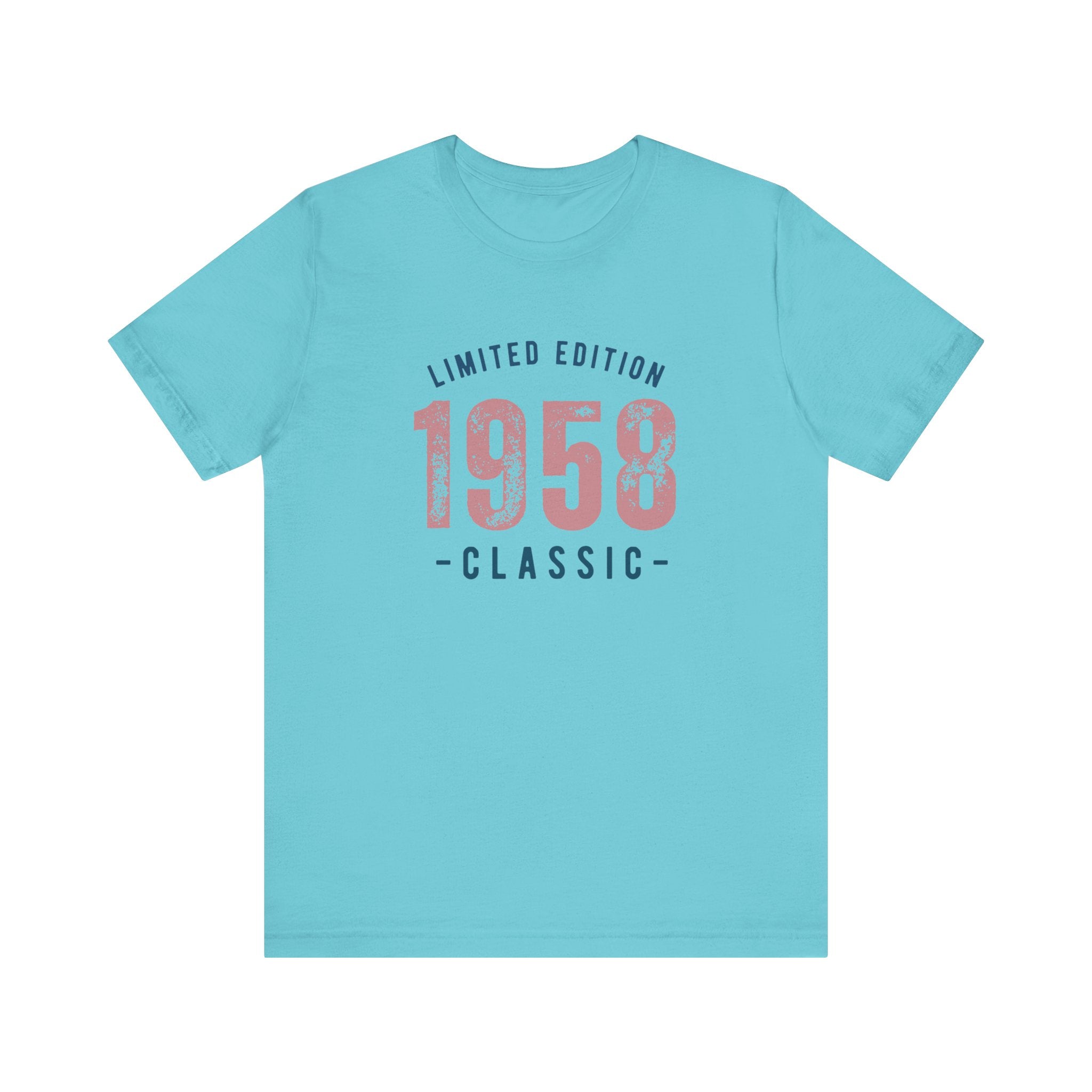 Turquoise t-shirt with a 'Limited Edition 1958 Classic' graphic in navy and coral, on a white background